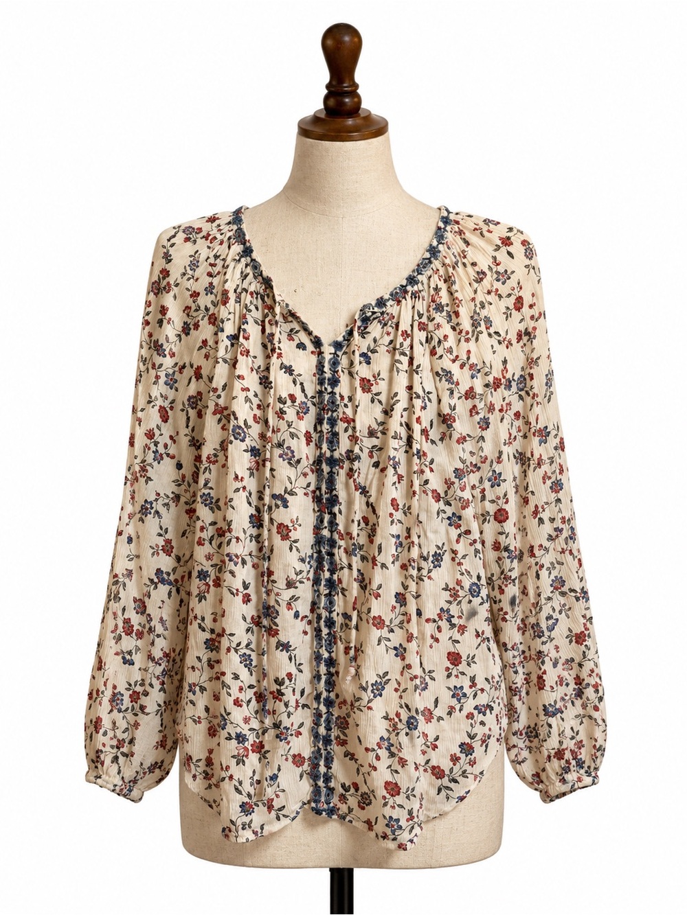 Chaps Cream Floral Peasant Blouse with Blue Trim